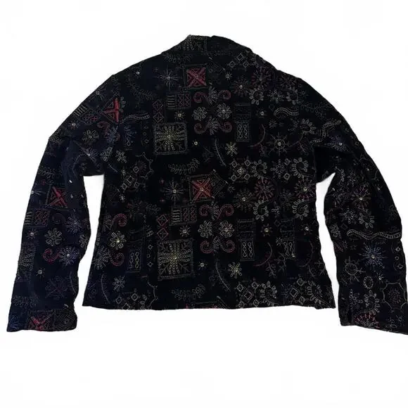 VTG Chico’s 0 Black Embroidered Suede Jacket Colorful Cotton‎ Boho Artsy Artwear - Picture 7 of 7